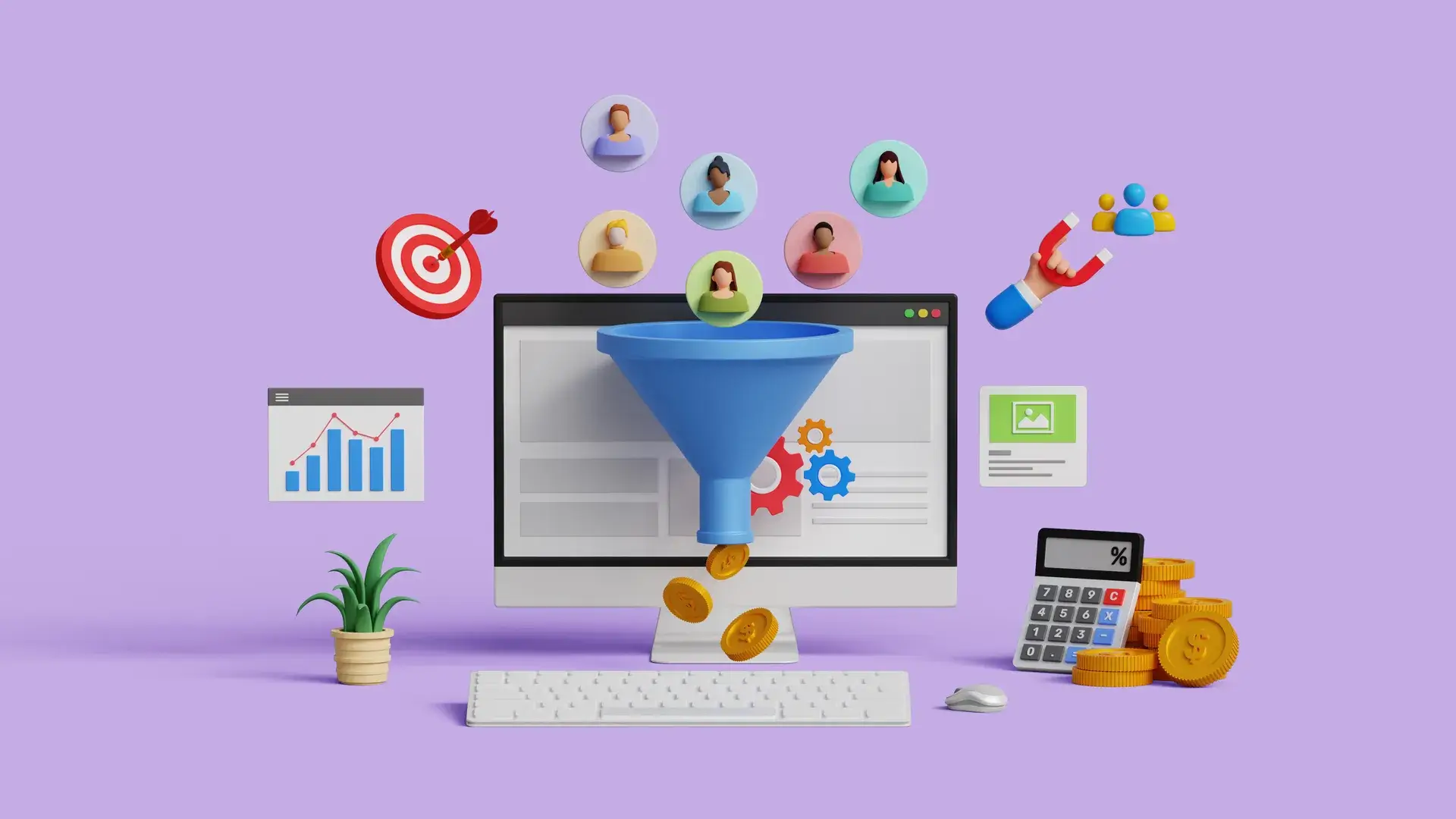 3D computer with marketing funnel and lead generation icons